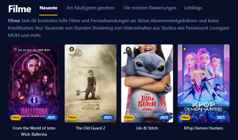 Screenshot der Filmpalast Benutzeroberfläche die diverse Filmtitel und Serienfolgen anzeigt